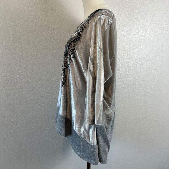 Whimsigoth One World Top Womens 1X Grey Velvet Rhinestone Boho Flowy Y2K Fairy - Picture 4 of 11